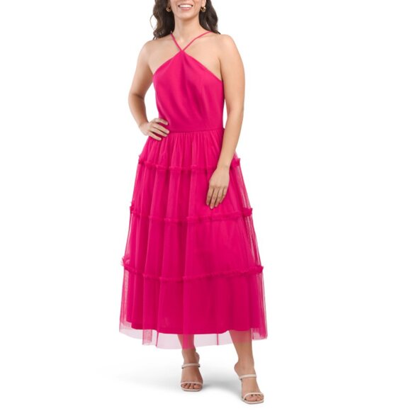 AIDAN BY ADRIANNA PAPELL Bright Rose Sleeveless Halter Tulle Skirt Dress - Picture 1 of 2